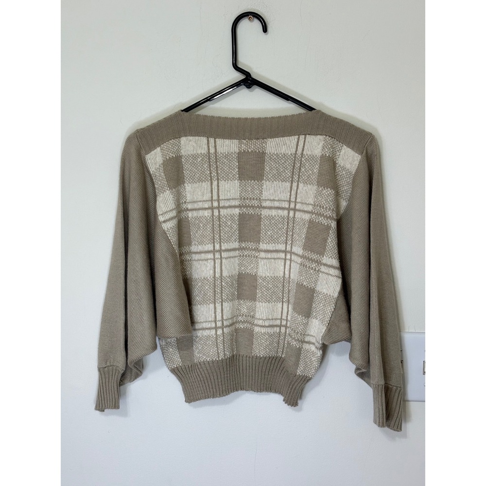 Vintage Ami Plaid Sweater Size 14/15 Cream Beige‎ Batwing Sleeve Knit Top